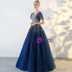 Navy Blue Tulle V-neck Backless With Sequins Quinceanera Dresses