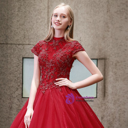 Red Ball Gown High Neck Backless Appliques Quinceanera Dresses