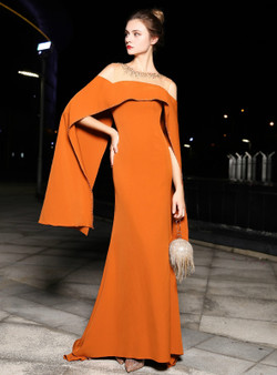 Orange Satin Mermaid Bat Sleeve Prom Dress With Beading