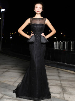 Black Tulle Mermaid Sequins Backless Prom Dress With Beading