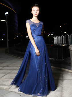 Navy Blue Tulle Mermaid Cap Sleeve With Beading Prom Dress