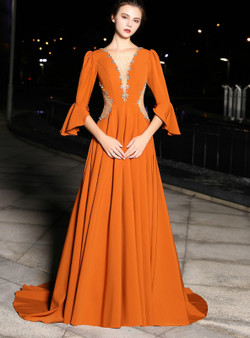 A-line Orange Satin 3/4 Sleeve Deep V-neck With Beading Prom Dress