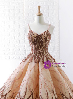 Brown Vintage Ball Gown Spaghetti Straps Wedding Dress With Pearls