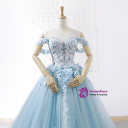 Blue Ball Gown Tulle Off The Shoulder Appliques Wedding Dress