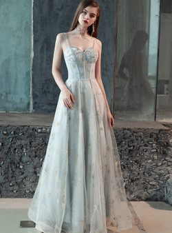 In Stock:Ship in 48 Hours Gray Tulle Sequins Straps Prom Dress