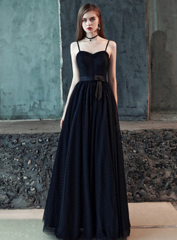 In Stock:Ship in 48 Hours Black Spaghetti Straps Prom Dress With Sash