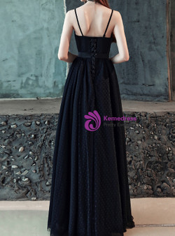 In Stock:Ship in 48 Hours Black Spaghetti Straps Prom Dress With Sash