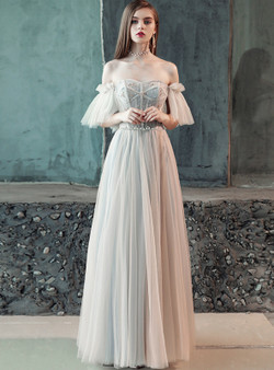 In Stock:Ship in 48 Hours Gray Tulle Off The Shoulder Prom Dress