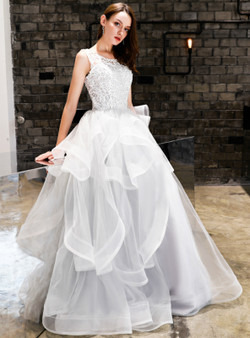 In Stock:Ship in 48 Hours Silver Gray Tulle Lace Backless Prom Dress