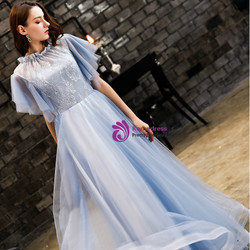 In Stock:Ship in 48 Hours Blue Tulle Lace High Neck Prom Dress
