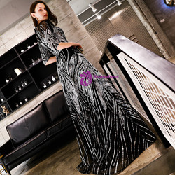 In Stock:Ship in 48 Hours Black Tulle Sequins Half Sleeve Prom Dress