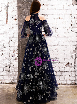 In Stock:Ship in 48 Hours Navy Blue Embroidery Half Sleeve Prom Dress