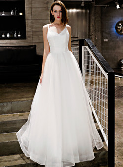 In Stock:Ship in 48 Hours White Tulle Spaghetti Straps Prom Dress