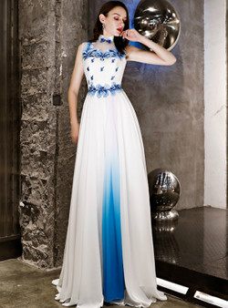 In Stock:Ship in 48 Hours Blue White Chiffon High Neck Prom Dress
