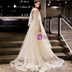 In Stock:Ship in 48 Hours Champagne Tulle Appliques Backless Prom Dress