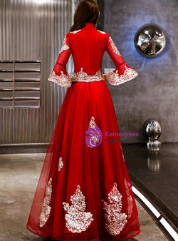 In Stock:Ship in 48 Hours Red Tulle Appliques Long Sleeve Prom Dress