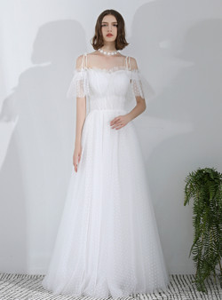 In Stock:Ship in 48 Hours White Spaghetti Straps Tulle Long Wedding Dress