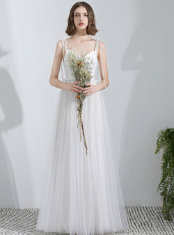 In Stock:Ship in 48 Hours White Tulle Spaghetti Straps Beach Wedding Dress