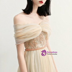 In Stock:Ship in 48 Hours Chmapgne Tulle Off The Shoulder Prom Dress