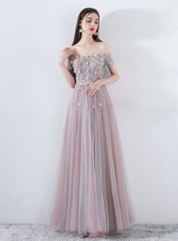 In Stock:Ship in 48 Hours Gray Pink Tulle Appliques Prom Dress