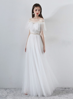 In Stock:Ship in 48 Hours White Tulle Off The Shoulder Long Wedding Dress