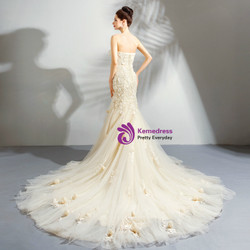 In Stock:Ship in 48 Hours Champagne Mermaid Appliques Wedding Dress