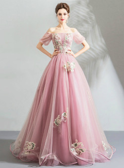 In Stock:Ship in 48 Hours Pink Off The Shoulder Embroidery Wedding Dress