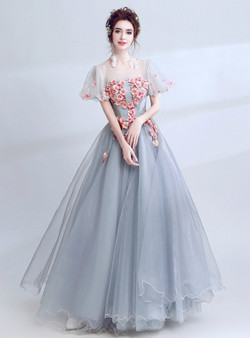 In Stock:Ship in 48 Hours Gray Tulle Appliques Long Wedding Dress