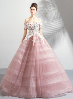 In Stock:Ship in 48 Hours Pink Off the Shoulder Appliques Wedding Dress