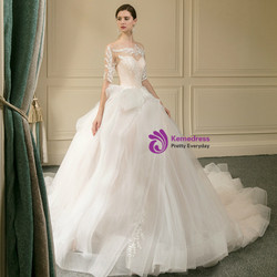 White Ball Gown Off The Shoulder Short Sleeve Tulle Wedding Dress