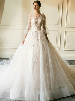 Champagne Tulle Appliques Long Sleeve Wedding Dress With Train