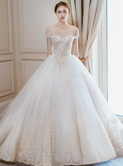 Champagne Tulle Appliques Cold Shoulder Backless Wedding Dress