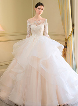 Champagne Tulle Appliques Half Sleeve Backless Wedding Dress