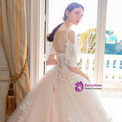 Champagne Ball Gown Tulle Lace Straps Backless Wedding Dress