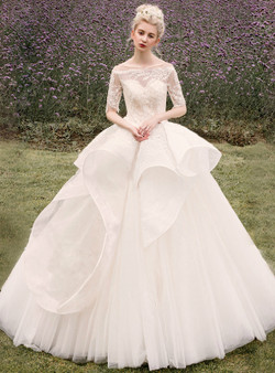 Champagne Tulle Lace Appliques Off The Shoulder Wedding Dress