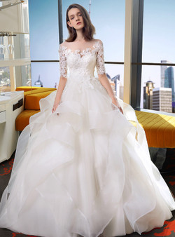 White Ball Gown Scoop Tulle Lace Short Sleeve Wedding Dress