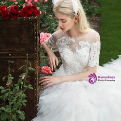 White Ball Gown Short Sleeve Appliques Long Train Wedding Dress