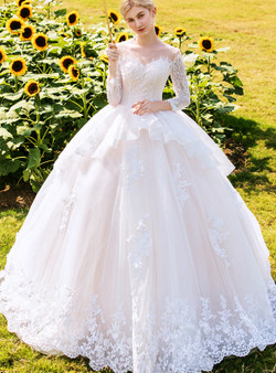 Champagne Tulle Lace Long Sleeve See Through Neck Wedding Dress