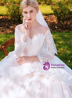 Champagne Tulle Lace Long Sleeve See Through Neck Wedding Dress