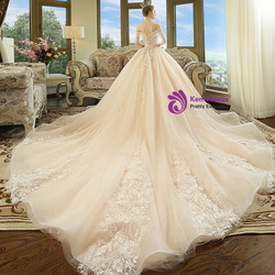 Champagne Tulle Appliques Off The Shoulder With Long Train Wedding Dress