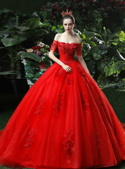 Red Ball Gown Tulle Appliques Off The Shoulder Short Sleeve Wedding Dress