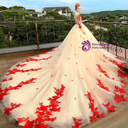 Champagne Ball Gown Tulle Red Appliques Long Sleeve Wedding Dress
