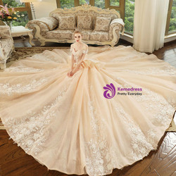 Champagne Lace Appliques Off The Shoulder With Train Wedding Dress