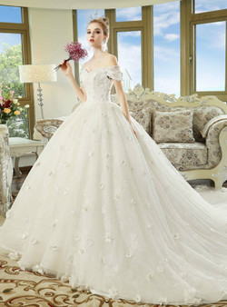 White Ball Gown Off The Shoulder Appliques Wedding Dress