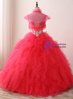 Red Ball Gown Sweetheart Neck Appliques Organza 16 Birthday Dress