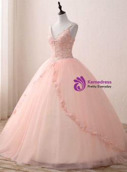 Pink Ball Gown Tulle V-neck Double Straps Appliques Quinceanera Dresses