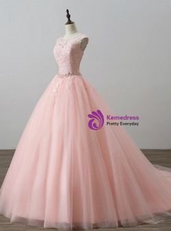 Pink Ball Gown Tulle Appliques Backless Long Sweet 16 Dresses