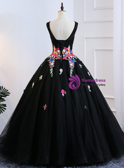Black Ball Gown Tulle Bateau Backless Appliques Sweet 16 Dresses