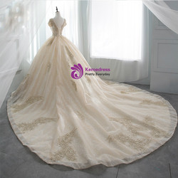 Champagne Ball Gown V-neck Backless Tulle Appliques With Beaded Wedding Dress