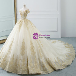 Glamorous Champagne Tulle Lace Appliques Off The Shoulder Wedding Dress